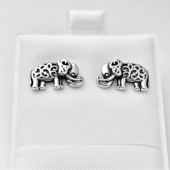 Sterling Silver Filigree Elephant Earrings, Animal Earring, Silver Stud Earring - Picture 10 of 12